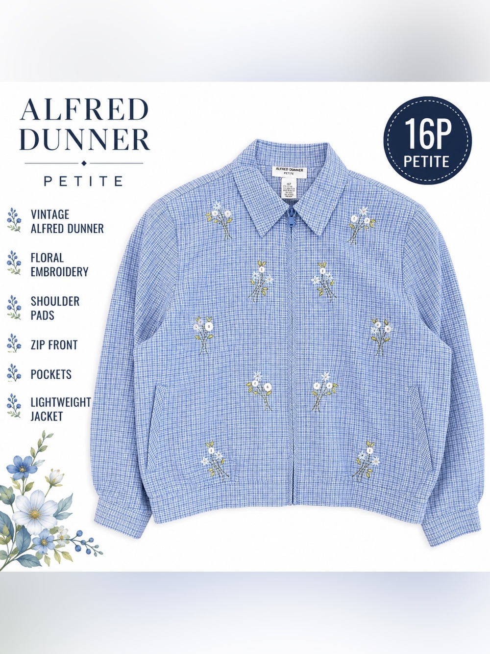 Vintage Alfred Dunner 16P Blue Gingham Floral Embroidered Jacket Petite